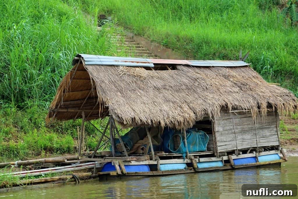 Mighty Mekong Voyage: Thailand to Laos 9 A traditional wooden hut nestled along the lush, green banks of the Mekong River, reflecting the simple and rustic charm of riverine life in Thailand.