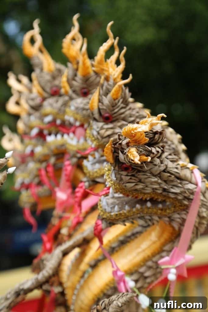 A close-up view of a vibrant temple offering, highlighting intricate details and fresh flowers.