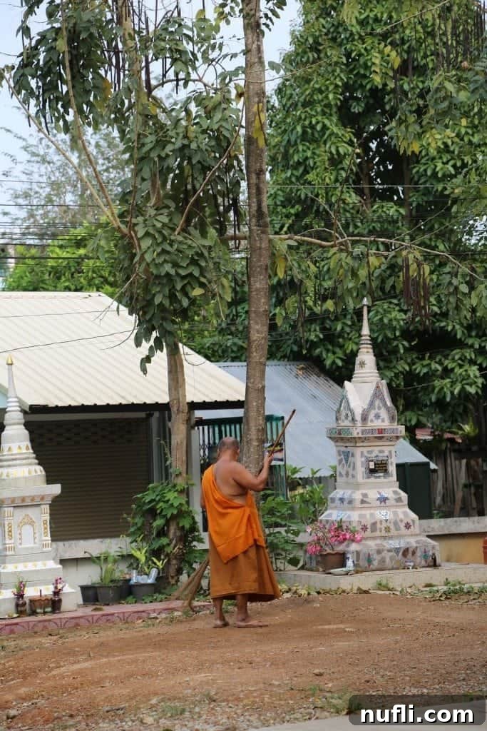 A Buddhist monk in traditional saffron robes, a symbol of peace and spirituality in Chiang Khan.