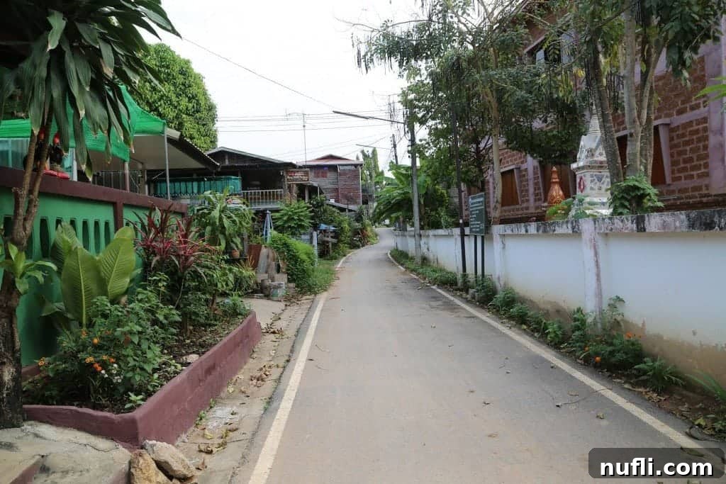 A quiet, picturesque side street in Chiang Khan, showcasing traditional Thai architecture.
