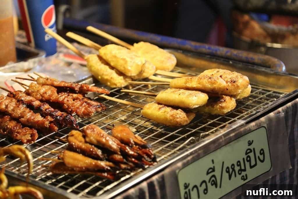 An enticing display of street food in Chiang Khan, offering local Thai delicacies.