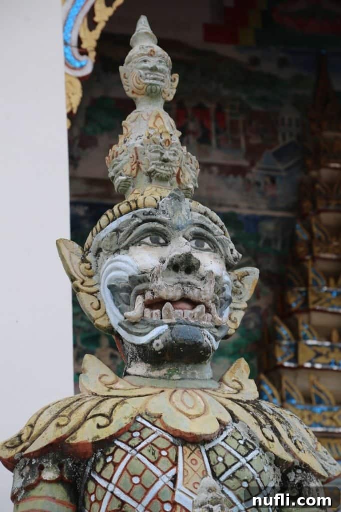A serene temple statue adorned with offerings, reflecting the spiritual devotion in Chiang Khan.