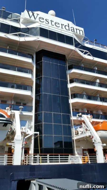Exterior view of the majestic Holland America Westerdam cruise ship docked in Seattle, ready for its Alaska journey.