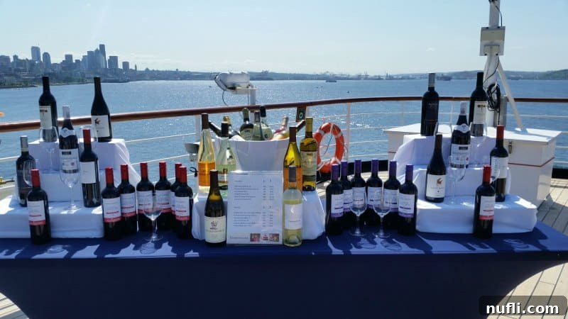 Table laden with exquisite wine bottles on the top deck of a cruise ship, overlooking the Seattle skyline