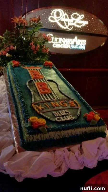 Delightful and artistic cake designed with the B.B. King Blues Club logo aboard the Westerdam cruise ship