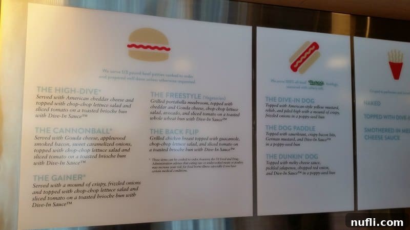 Menu board displaying gourmet burger and hot dog options at Dive In, inspired by Guy Fieri, offering diverse choices for casual dining on the Westerdam.