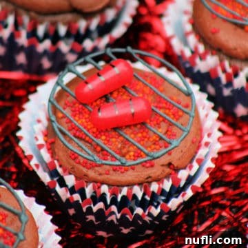Close-up of a single Barbecue Hot Dog Cupcake surrounded by red confetti, showcasing the detailed grill and hot dog candy.
