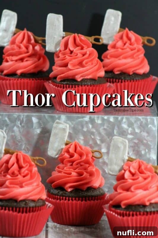 Delicious Thor Cupcakes, each topped with a miniature replica of Mjolnir, Thor's hammer.