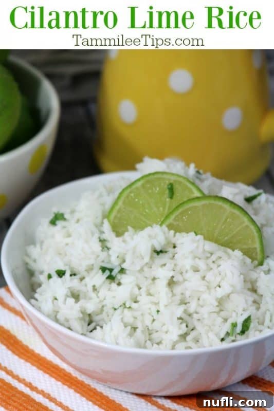 Cilantro Lime Rice in a white bowl with lime wedges. 