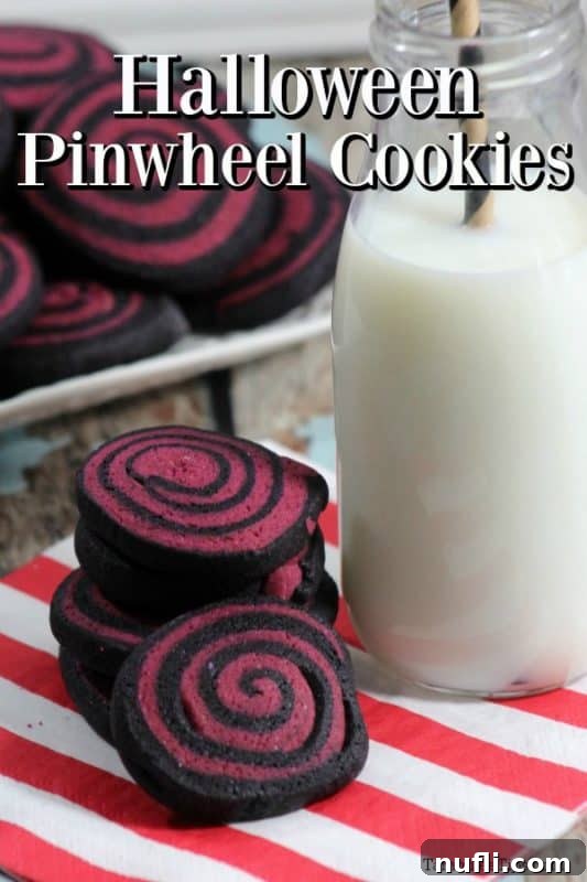 Halloween Pinwheel Cookies in striking black and deep red spiral pattern