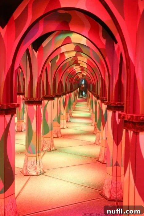 Mirror maze with bright red lights 