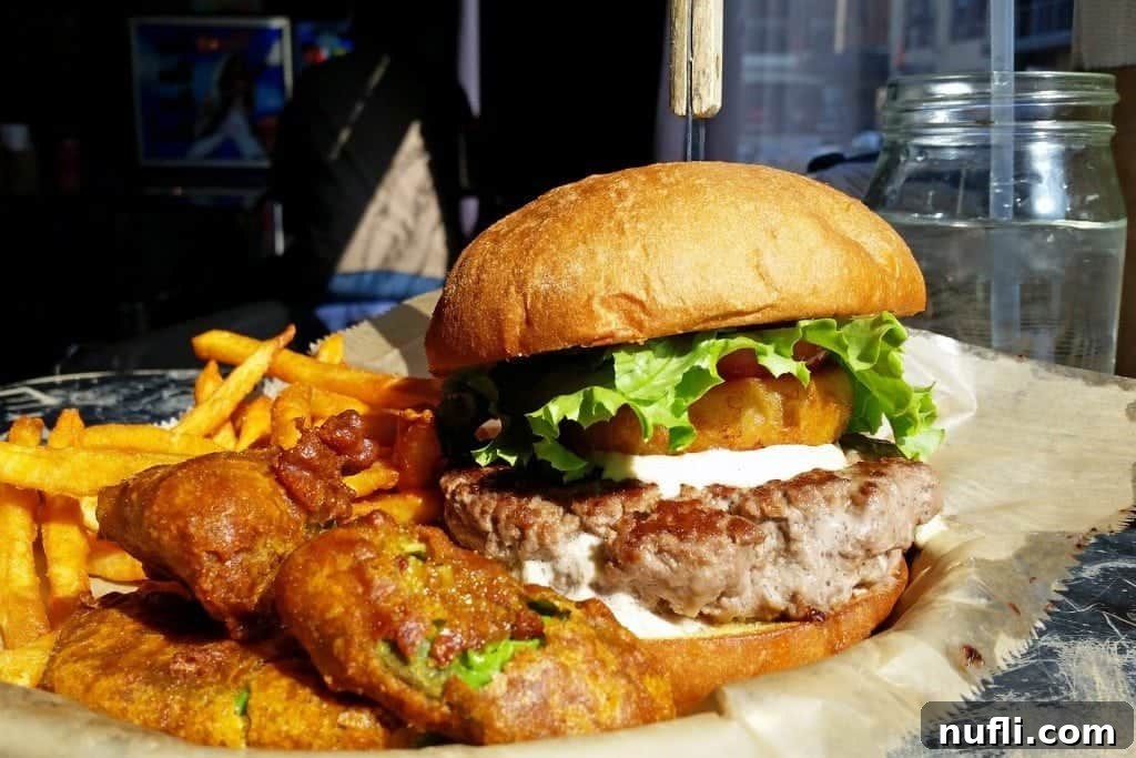 Stella's burger with deep fried avocados