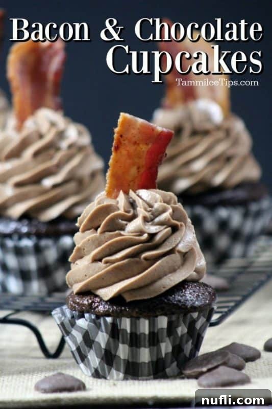 Two Double Chocolate Bacon Cupcakes resting on a white napkin, showcasing their rich chocolate frosting topped with crispy bacon pieces.