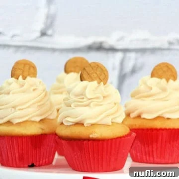 Easy Homemade Nutter Butter Cupcakes 3 Two Nutter Butter Cupcakes with creamy frosting and cookie garnish on a white plate, ready to be served.