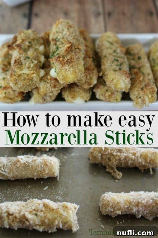 A collage showing how to make easy mozzarella sticks, with steps illustrated between two photos of finished mozzarella sticks.