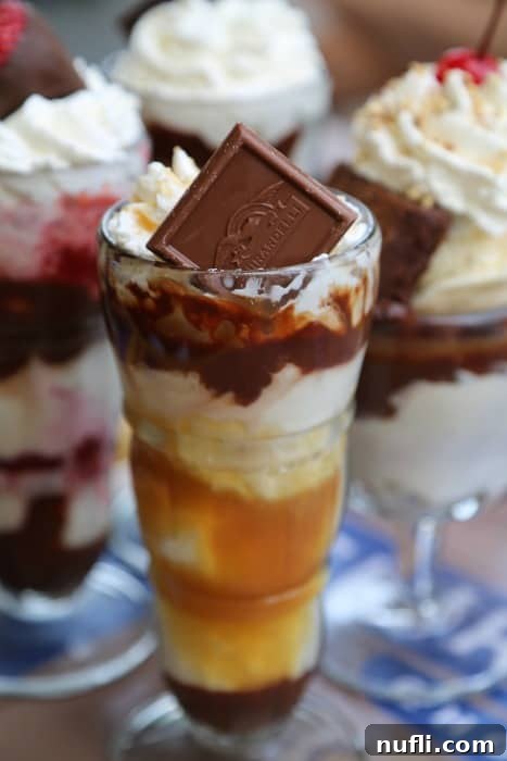 Waterfront Flavors of Monterey's Cannery Row 7 Ghirardelli Chocolate caramel sundae in a tall glass with whipped cream