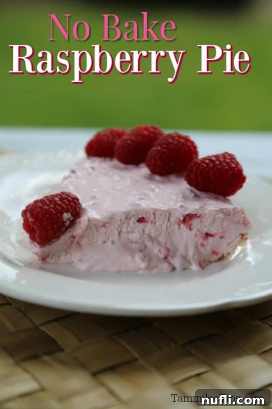 A delectable slice of no-bake raspberry pie on a white plate, showcasing its vibrant layers