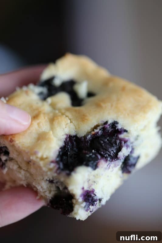 Ultimate Blueberry Cake 3 A hand presenting a square slice of homemade blueberry cake, highlighting its delightful texture and abundant fruit.