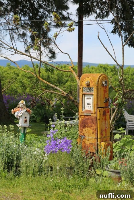 old gas pump and bird houses in a yard