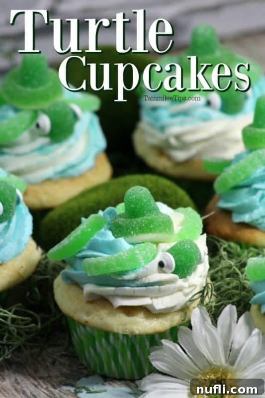 Close-up of adorable Turtle Cupcakes, featuring green gummy rings, gumdrop shells, and candy eyes, on a white plate