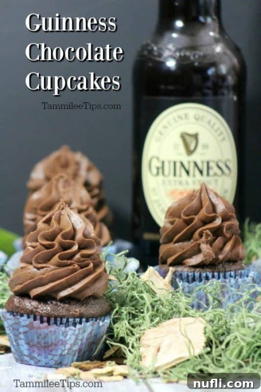 Guinness Chocolate Cupcakes over cupcakes and a bottle of Guinness