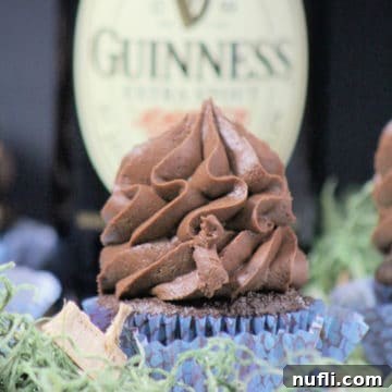 Guinness Chocolate Cupcake with a blue paper wrapper
