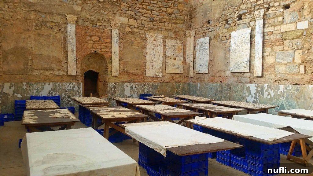 Close-up of restoration work on ancient walls within the Terracotta Houses of Ephesus.