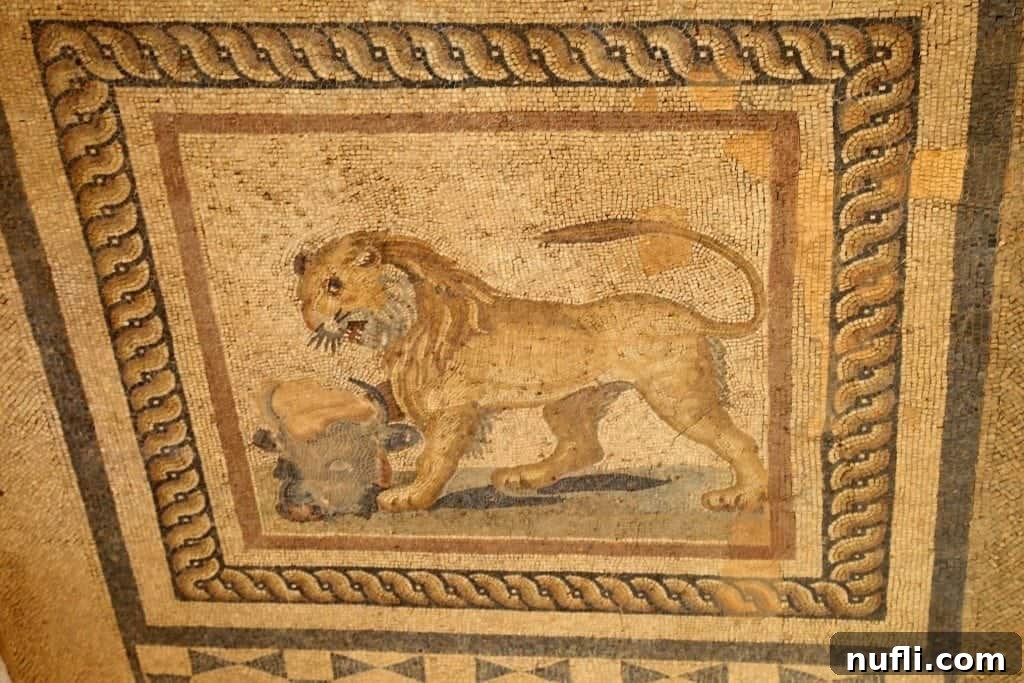 Detailed mosaic depicting a lion on the floor of one of the Terracotta Houses.