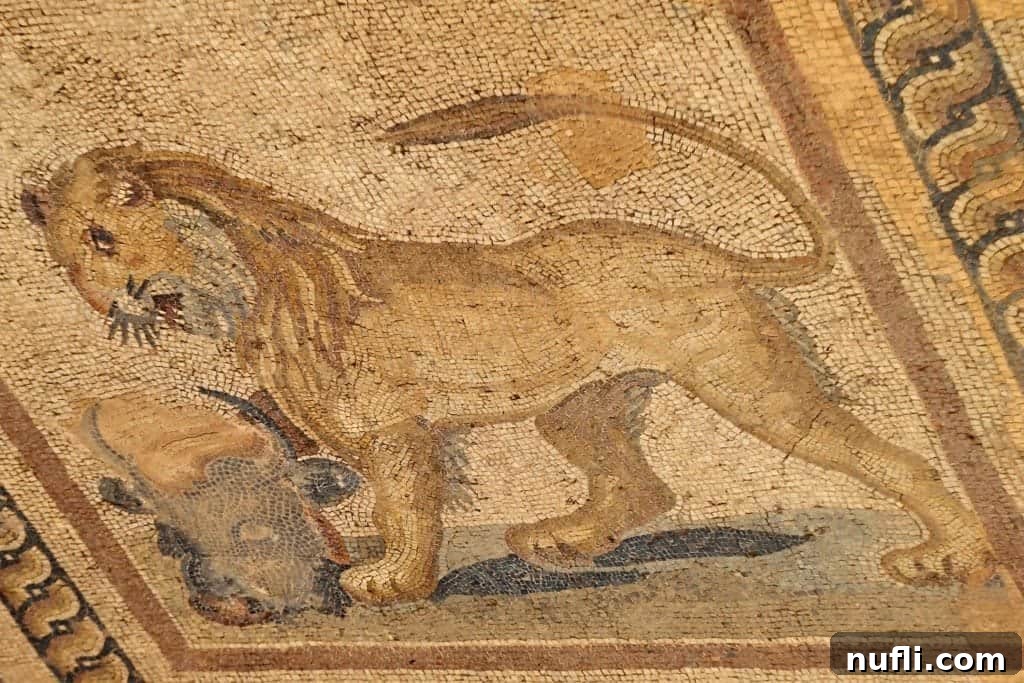 Another view of the lion mosaic, highlighting its intricate details.