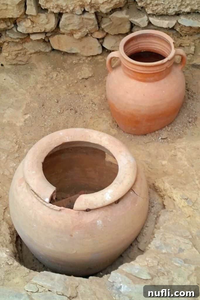 Collection of ancient clay pots and pottery displayed inside the Terracotta Houses.
