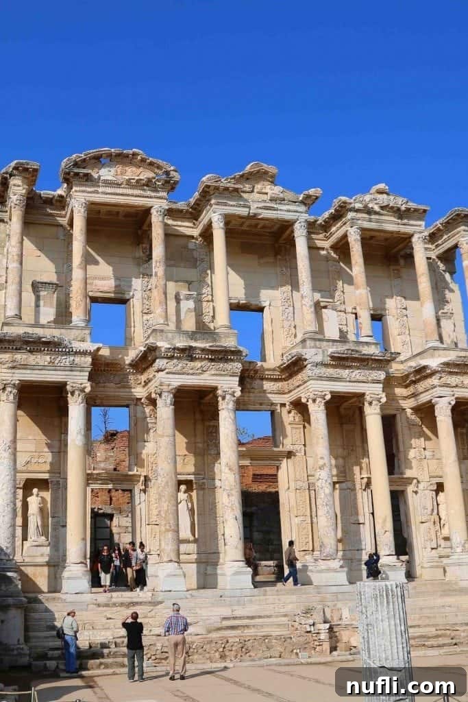 The magnificent Library of Celsus facade in Ephesus, Turkey, showcasing intricate carvings and statues.