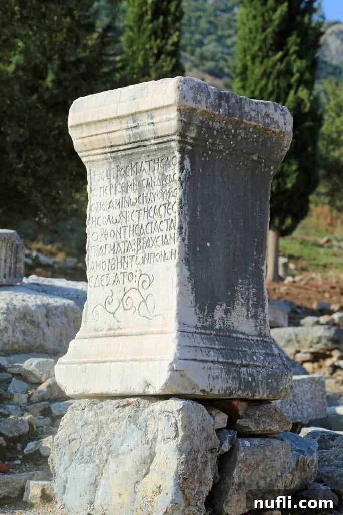 An ancient Corinthian pillar standing majestically in Ephesus, Turkey, testament to Roman architectural skill.