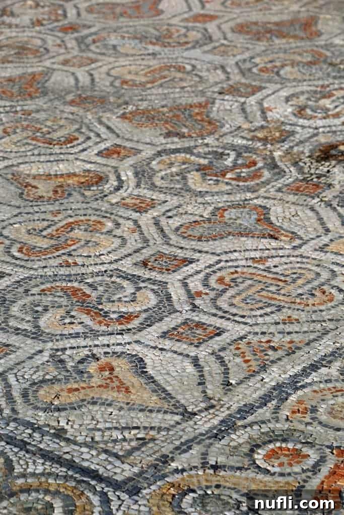 Intricate mosaic walkways and patterns preserved within the ruins of Ephesus, Turkey.