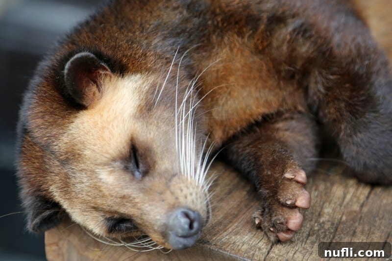 Asian palm civet cat peacefully asleep on a wooden log at a Luwak coffee stall