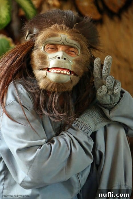 Bali's Spiritual Drama: Barong and Kris in Ubud 4 A dancer dressed as a playful monkey, part of the Barong and Kris Dance, holding up a peace sign.