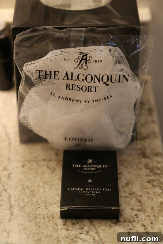Premium Algonquin Resort toiletries neatly arranged on a counter in a hotel bathroom, emphasizing luxury and attention to detail.