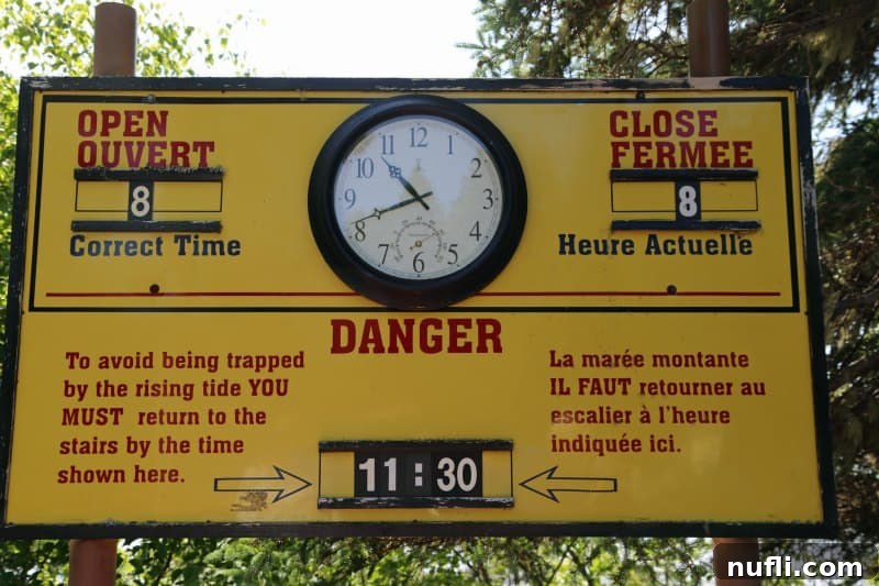 Close-up view of Hopewell Rocks tide charts, displaying predicted low and high tide times for planning visitor access.