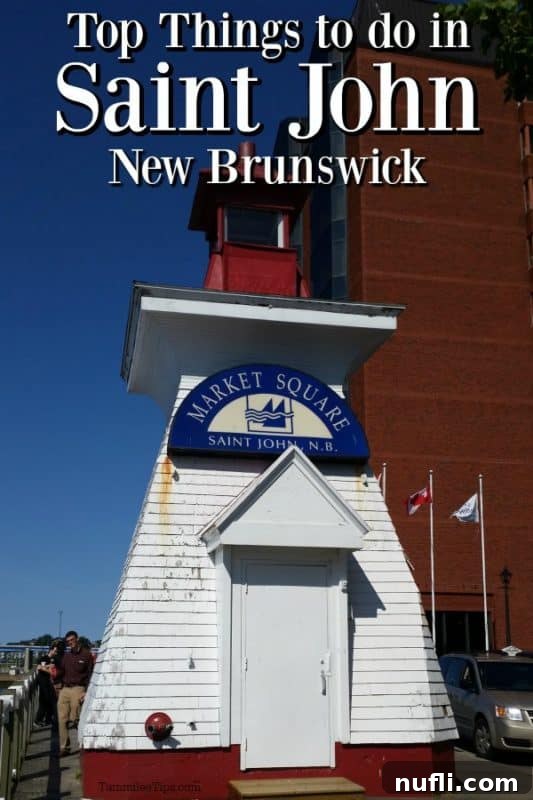 Market Square lighthouse with 'Things to do in Saint John New Brunswick' written above it, symbolizing the city's vibrant attractions.