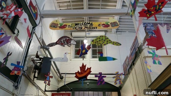 Interior view of Saint John City Market with animal cut-outs hanging from the unique ship-hull ceiling.