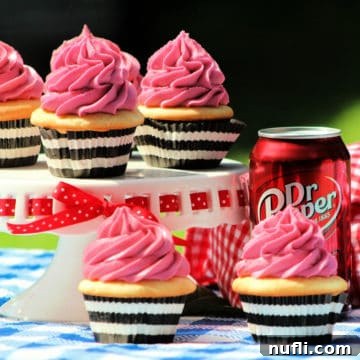 Dr. Pepper Cupcakes on a cake stand