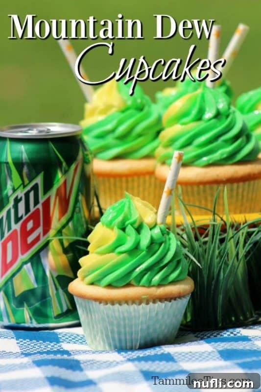 Mountain Dew Cupcakes over cupcakes and a can of Mtn Dew