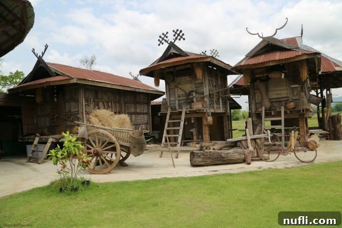 Exploring Thai Dam Heritage Village in Loei 4 Raised wooden buidings with carts near them