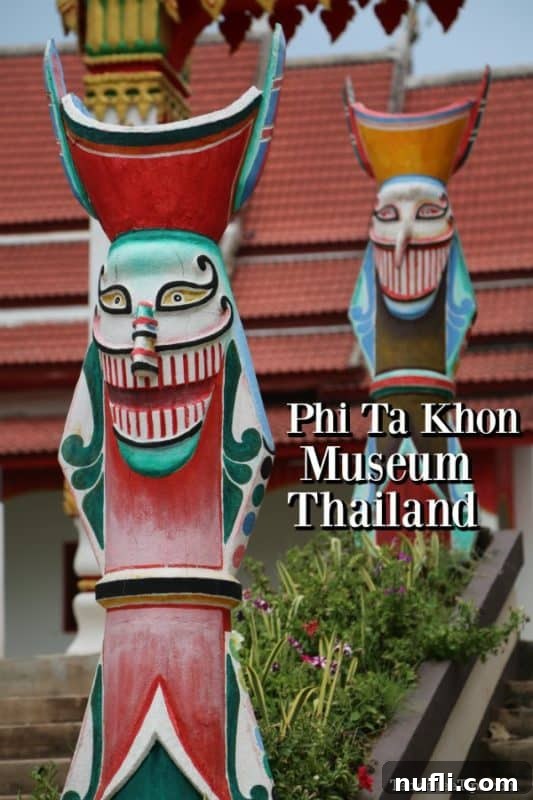 Visitors approaching the Phi Ta Khon Museum in Thailand, with vibrant sculptures of ghost masks lining the stairs