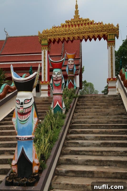 The entrance to a Thai temple or cultural site, with colorful Phi Ta Khon figures ascending the stairs