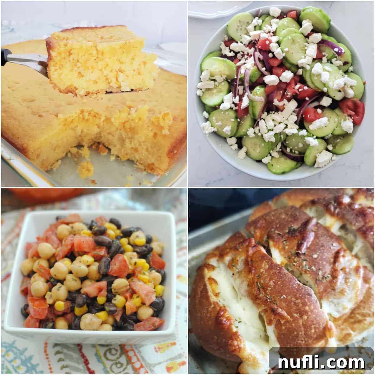 Collage of four side dishes: cornbread, Greek salad, Southwest bean salad, and garlic bread