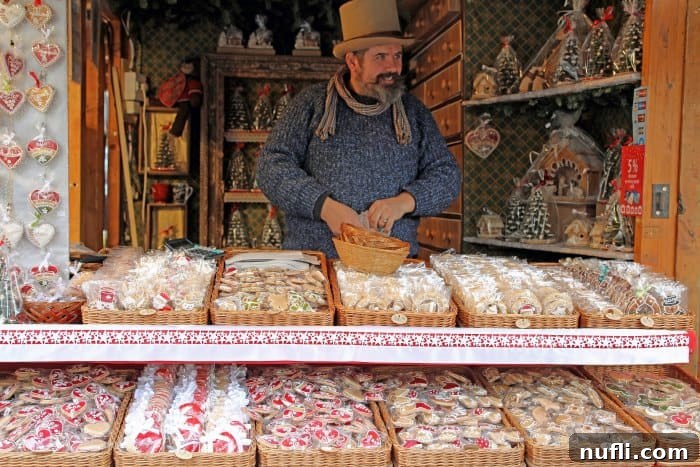 A vibrant European Christmas Market scene, filled with festive stalls, twinkling lights, and joyful holiday cheer.
