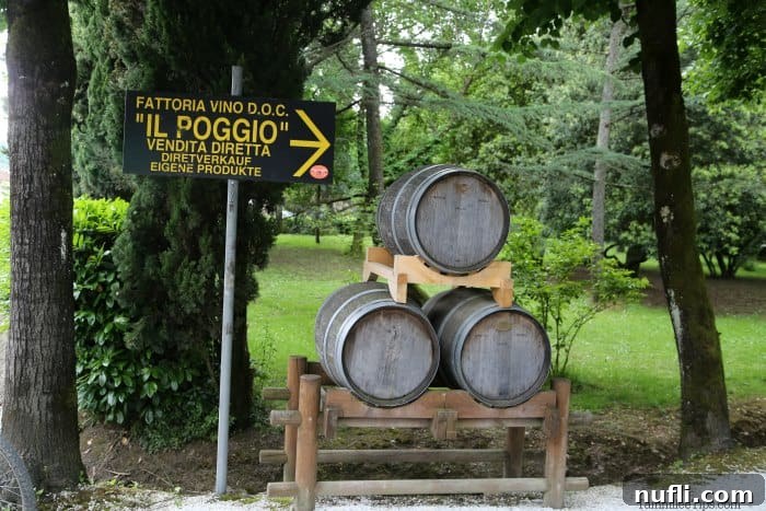 A rustic Tuscany wine sign with stacked wine barrels, inviting visitors to experience the region's renowned wines.